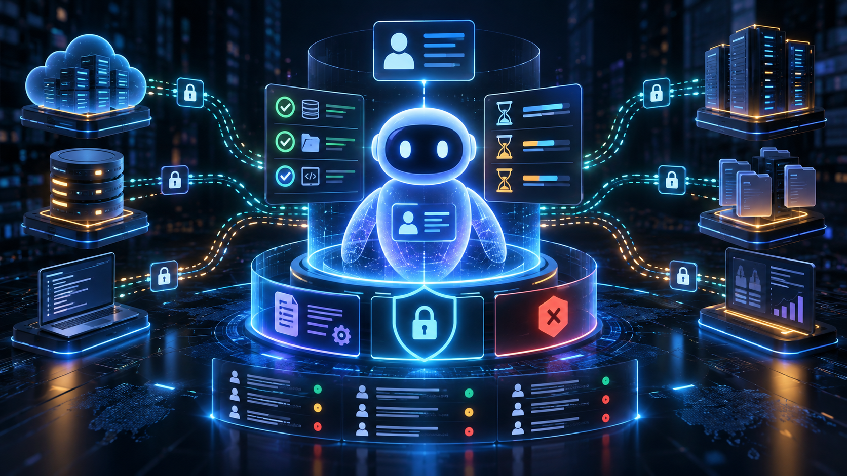 AI agent identity lifecycle showing scoped permissions, short-lived credentials, runtime policy and audit controls